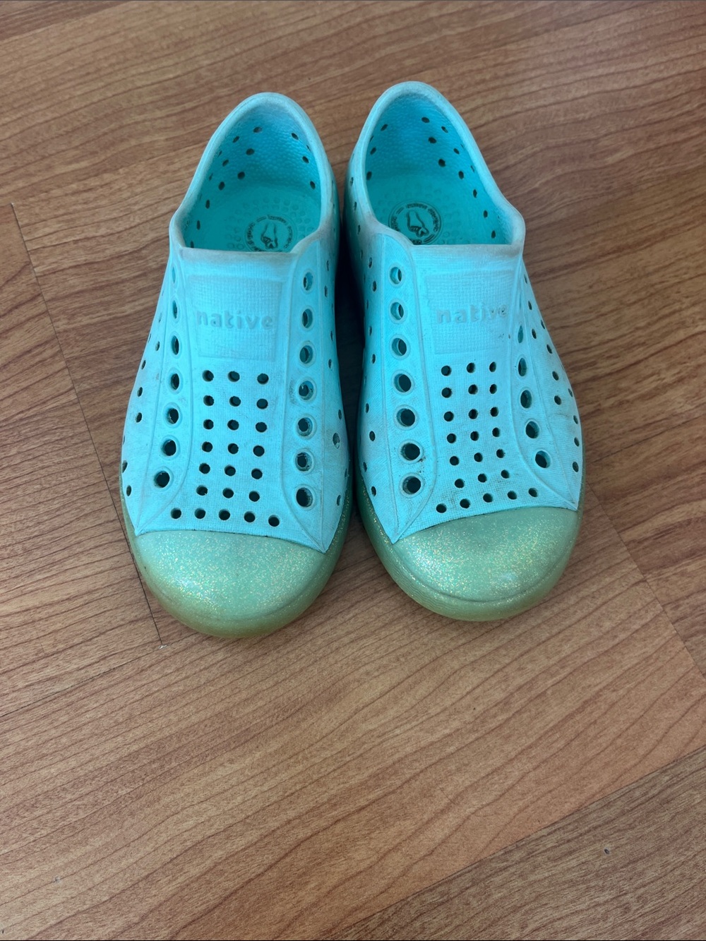 Native Kids Slip-On Water Shoes in Aqua with Glittery Green Toe